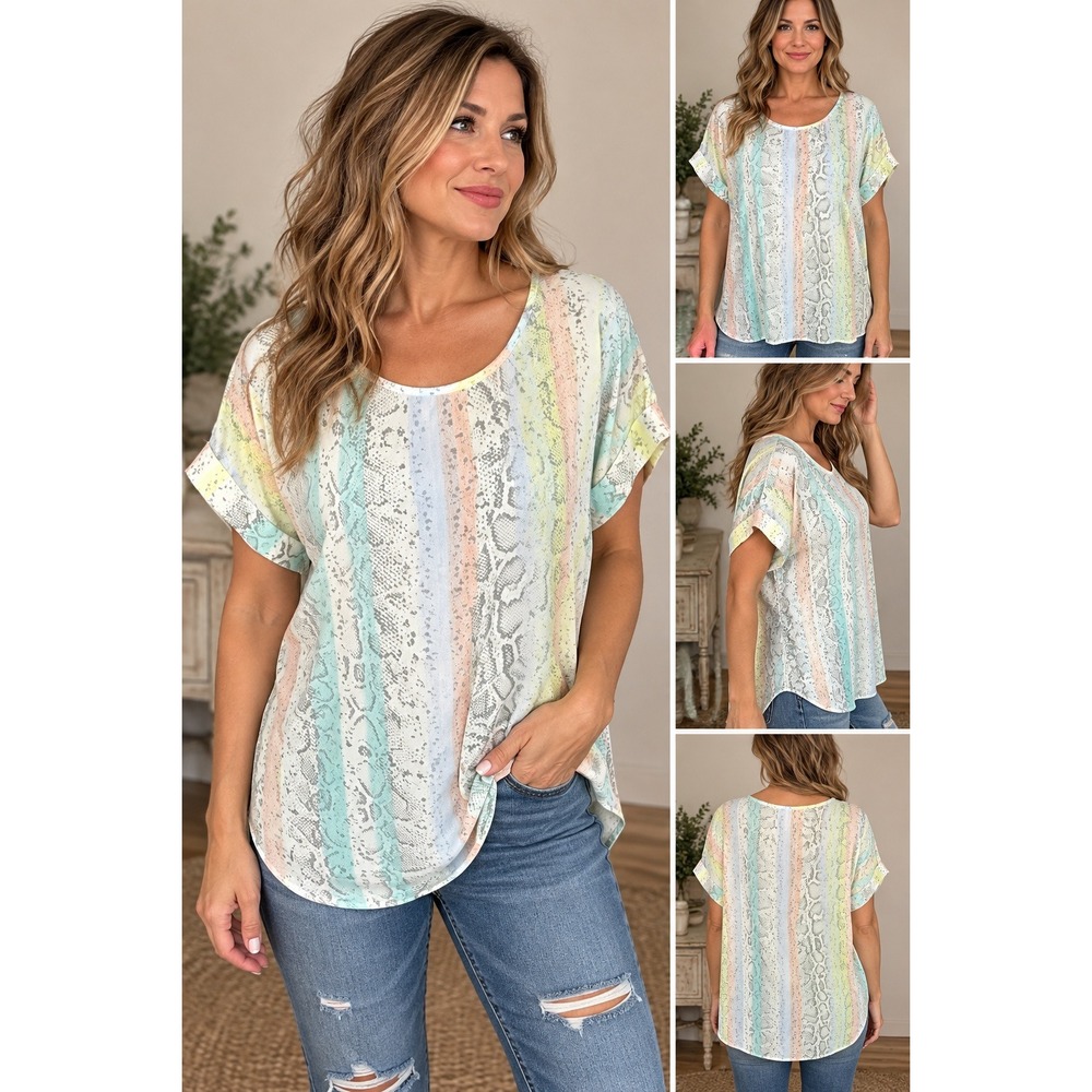 Apt 9 Womens XL Pastel Snakeskin Striped Short Sleeve Scoop Neck Blouse Top